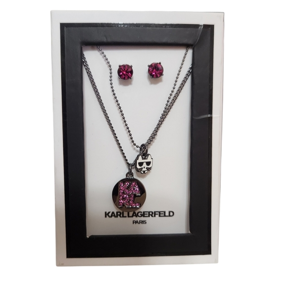 Karl Lagerfeld Jewelry - Karl Lagerfeld Gunmetal Necklace & Pink Crystal Pendant with Studs NIB